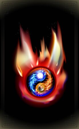 Burning Fire, glowing blue, red cosmic concept Yin and Yang mandala. Fiery heat spiritual relaxation. Flames symbol glow design. Vector bonfire illustration sparks effect isolated on black background.のイラスト素材
