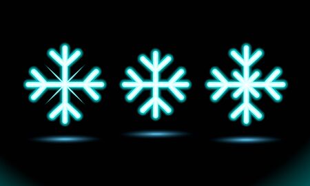 Simple Neon blue lamp oval stripes snowflakes icon set. Trendy rounded, New year, xmas sign. Celebration design on black background. Fluorescent dark vector, luminescent illumination ad, illustration.のイラスト素材