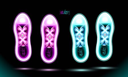 Sneakers neon blue and pink shoes Icon, glowing lamp, isolated sign design on black background. Fluorescent vector, luminescent illumination, illustration Ui glowのイラスト素材