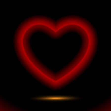 Red lamp heart, valentines button for presentation design on black background. Modern fluorescent object. Dark vector luminescent illumination ad, illustration Vector light sign, holidays shape. Ui.のイラスト素材