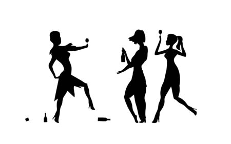 Three Girls, womens. Ladys drinking. Drunk people, drunk party event, vector silhouettes. Bachelor holiday, illustration on white background. Stag party.のイラスト素材