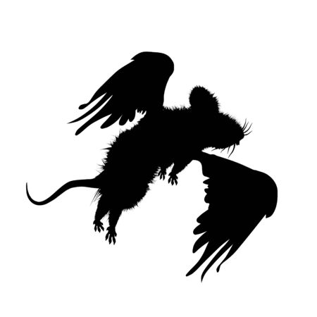 Mouse funny with wings flying, black silhouette. Vector fluffy illustration on light background. Cute, isolated rodent character for designers and decoration. Pattern stencil.のイラスト素材