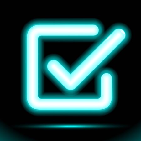 Neon lamp checkmark icon in a square, tick symbol. Modern ornamental ui element. Design for presentation dark ad fluorescent black background. Vector luminescent illumination ad, illustration.のイラスト素材