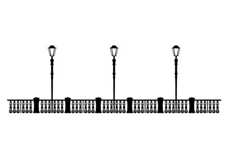 Street black quay, example for design. Architectural solution promenade template editable file, illustration lanterns on the waterfront. Stylish Urban graphics. Vintage.のイラスト素材