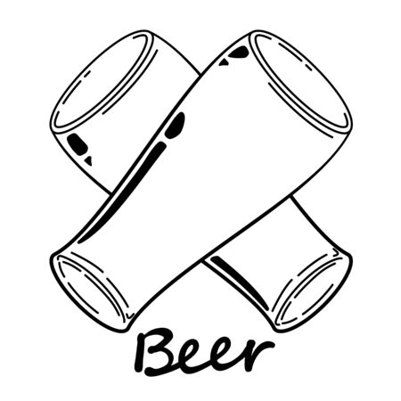 Crosshair two craft Beer glass isolated. Vector illustration of alcoholic drink. Hand drawn sketch of ale goblet. Bar, pub menu design retro line drawing silhouettes, old fashioned vintage.のイラスト素材