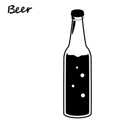 Beer bottle, retro line drawing glass silhouettes, old fashioned vintage hand drawing on white background. Vector illustration isolated. Alcohol Drink, ink imitation line.のイラスト素材