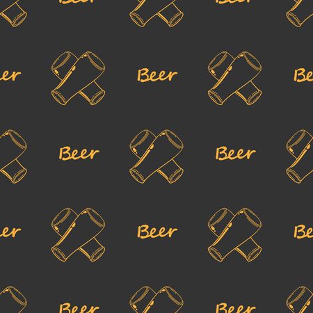 Seamless pattern crosshair craft Beer orange glass. Sketch ale goblets. Bar, pub old fashioned silhouettes. Drawing old fashioned, vintage hand drawing on brown background. Vector illustration.のイラスト素材
