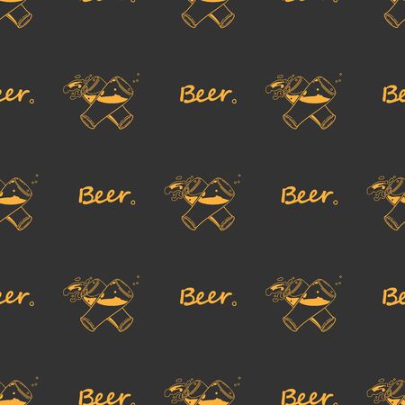 Seamless pattern crosshair craft Beer orange glass. Sketch ale goblets. Bar, pub old fashioned silhouettes. Drawing old fashioned, vintage hand drawing on brown background. Vector illustration.のイラスト素材