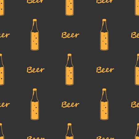 Seamless orange pattern beer bottles, line drawing Design fabric or wrapping paper Oktoberfest decoration. Silhouettes vintage hand drawing on brown background. Vector illustration ornament.のイラスト素材