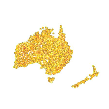 Map of Australia Backdrop plume golden texture crumbs. Gold dust scattering on a white background. Sand particles grain or sand assembled.のイラスト素材