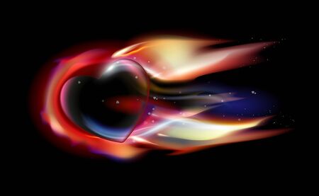 Burning loving heart in black background. Glowing red fantasy, attribute of Valentines day fiery love with over ardent luxury glow illuminated, colorful design vector illustration.のイラスト素材