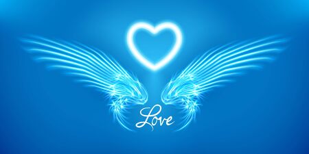 White angel wings and heart on blue background. Glowing fantasy, Valentines day attribute. Inscription love. Happy greeting card silhouette illuminated luxury glow. Design vector illustration.  .のイラスト素材