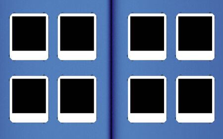 Assembly design photo album. Photo cards, mockup. Blank frames with empty space for image, isolation on classic blue background. Vintage template realistic set. Vector illustration Eps 10.の写真素材