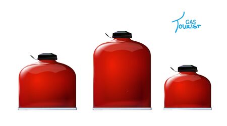 Set Tourist red gas bottles for Mobile kitchen. Portable 3d realistic mockup. Mini bottle, cooking in nature. Isolation on white background. Vector illustration design picnic, fishing, hunting. Eps10.のイラスト素材