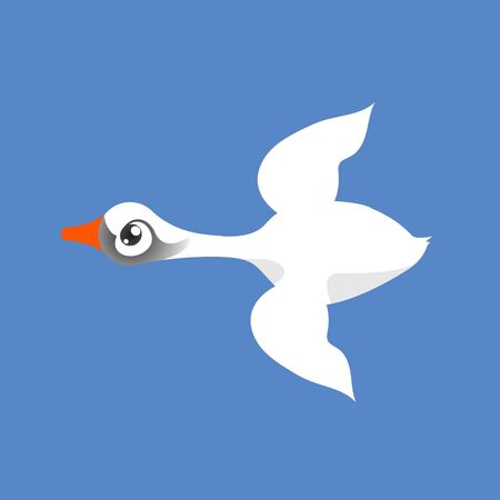 Flying white swan, duck in cartoon style, icon. Isolated on blue background. Vector illustration Eps 10.のイラスト素材