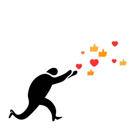 Abstract concept likemania, Running man catches on the run icons - sign like, hand gesture thumb up and hearts. Isolated figure on white background. Social network vector illustration. Eps 10.のイラスト素材