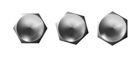 Metal bolt heads set, shiny caps. Twisted in surface isolated on white background. Macro chrome top view of wide a hats metalwares. Vector illustration Eps 10.のイラスト素材