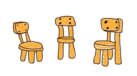 Childrens chair orange wooden in a deliberately childish style. Set child drawing. Sketch imitation painting felt-tip pen or marker. Childs armchair on a white background. Vector illustration Eps 10.のイラスト素材