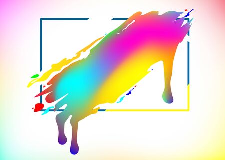 Creative splash in rectangle frame. Colorful gradient liquid watercolor or acryl, stylish painted. Abstract graphic art, design element isolated. Mockup template border. Vector illustration Eps 10.のイラスト素材