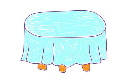 Childrens Table with a blue tablecloth wooden in a deliberately childish style. Child drawing. Sketch imitation painting felt-tip pen or marker on a white background. Vector illustration Eps 10.のイラスト素材