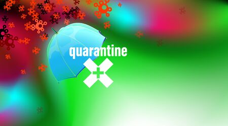 Quarantine green background, safety umbrella concept. Isolation period virus or coronavirus COVID-19, stop, protection pandemic symbol. Inscription quarantine and crosshair.のイラスト素材