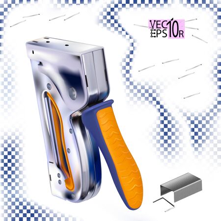 Metal stapler for construction work and staples for it. Tool isolated on white background. Vector illustration Eps 10.のイラスト素材