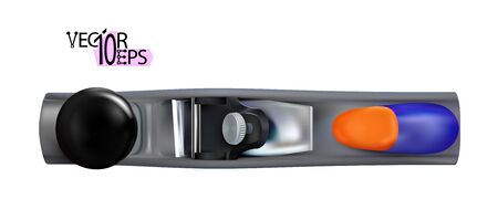 Adjustable smooth carpenter plane, realistic joiner tool isolated on white background, top view. 3d construction accessories. Vector illustration Eps 10.のイラスト素材