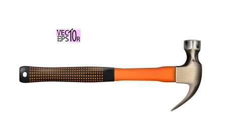 Modern steel realistic hammer with orange handle of fiberglass covered with rubber. Work tool isolated on white background. Vector illustration Eps 10.のイラスト素材