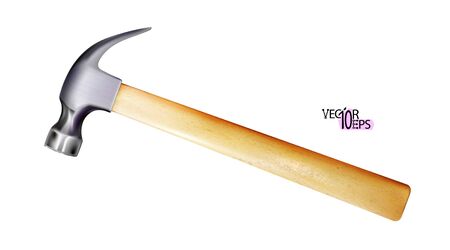Modern steel realistic hammer with wooden handle. Work tool isolated on white background. Vector illustration Eps 10.のイラスト素材