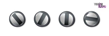 Set Metal screws heads, shiny bolt caps. Twisted in surface screw isolated on white background. Macro chrome top view of wide a hats metalwares. Vector illustration Eps 10.のイラスト素材