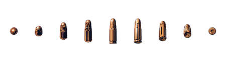Set of isolated gold rotating cartridges with a bullet, 3d realistic cartoon, golden or brass on white background. Photorealistic diverse view at handgun ammo, weapons. Vector illustration Eps 10.のイラスト素材