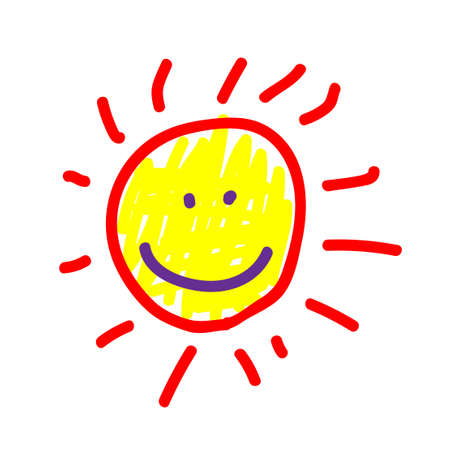 Sun in a deliberately childish style. Imitation child drawing. Kid sketch, painting felt-tip pen or marker, icon. Kid painted handmade by birthday. Vector illustration Eps 10.のイラスト素材