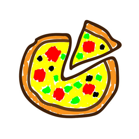 Pizza in a deliberately childish style. Child drawing. Sketch imitation painting felt-tip pen or marker. Embellish print products. Vector illustration Eps 10.のイラスト素材