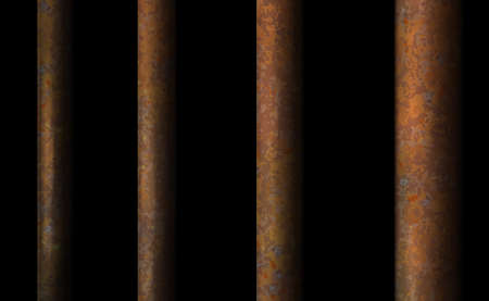 Dark background rusty prison bar. Black cell modern perspective iron interior, jail ward. Banner...