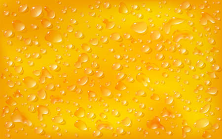 Realistic orange background, rectangular surface. Transparent droplets range of liquid lie on on motley backdrop. Clean water drops. Vector illustration. Eps 10.のイラスト素材