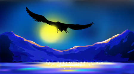 Night art background with the silhouette of an eagle, flying over the water by moonlight. Twilight mountains landscape, among the peaks and cloud sky. Dark vector illustration Eps 10.のイラスト素材