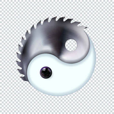 Yin and yang button, icon on electric saw disc isolated on white background. Spiritual relaxation of modern metallic cosmic for yoga meditation. Circular blade. Metal Vector illustration Eps 10.のイラスト素材