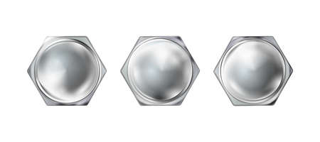Set gllossy polished metal realistic bolt head, screw cap. Twisted in surface isolated on white background. Macro chrome top view of wide a hat shiny metalwares. Vector illustration Eps 10.のイラスト素材