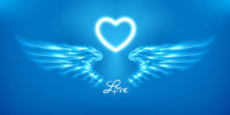 White angel wings and heart on blue background. Glowing fantasy, Valentines day attribute. Inscription love. Happy greeting card silhouette illuminated luxury glow. Design vector illustration. Eps10.のイラスト素材