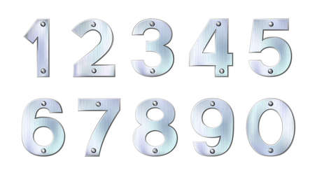 Set of sanded metal or silver numbers. Realistic plates with rivets isolated on white background....