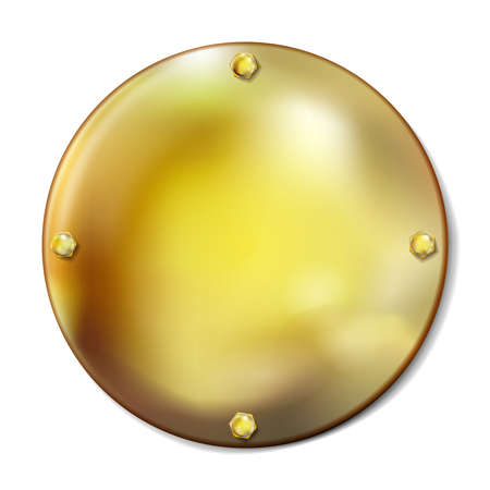 Realistic round golden plate with gold screws isolated on white background. Style for graphic and web design, label, template. Cover, stopper. Vector illustrationのイラスト素材