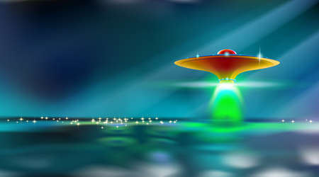 Aliens futuristic orange spaceship hovers over surface water. Ufo with lights went to take off. Invasion concept. Moonlight dark night in blue toned with artistic shadows. Vector illustration. Eps 10.のイラスト素材