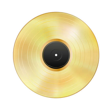 Realistic gold vinyl record isolated on white background. Gramophone LP, blank black label. Mockup disc. Highly detailed. Golden musical album. Vintage art old technology. Vector illustration Eps 10.のイラスト素材
