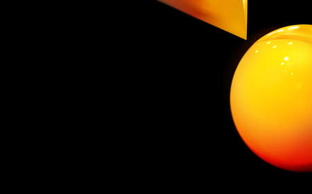Abstract realistic minimal background, glossy golden or yellow sphere in black backdrop. 3d contrast...