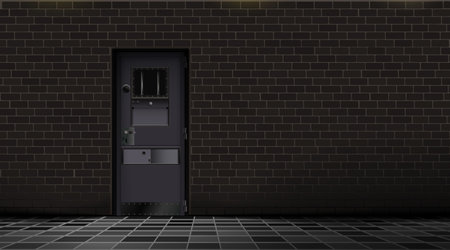 Prison interior, metal door and brick wall, dark background. Jail cell room. Concept design for quest and escape games. Happy deprivation freedom. Black detention center. Vector Illustration Eps 10.のイラスト素材