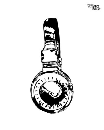 Black sketch or engraving, hand drawn headphones isolated on white background. Design for music decor, dj equipment, youth hobbies and entertainment. Vector illustration Eps 10.のイラスト素材