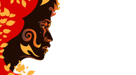 Spring portrait beautiful African woman. Dark skinned girl silhouette isolated on white background. Mulatto in the leafy decor. Template brochure backdrop. Vector illustrationのイラスト素材