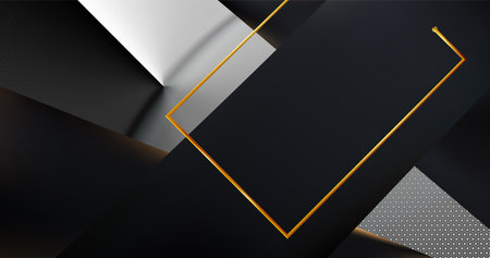Black abstract background, hex texture. Combination light gold line and minimal technology shapes....