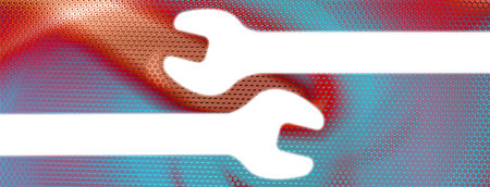 White silhouettes of spanners, wrenches on background perforated hexs. Ad tool. Abstract technology, backdrop textured hexagons, modern cover design. Banner.のイラスト素材
