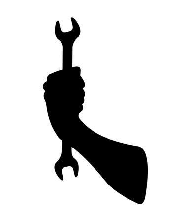 Wrench in hand, icon tool, black silhouette isolated on white background. Flat design, spanner pictogram. Instrument for repair. Symbol of mechanic work, logo. Vector illustrationのイラスト素材